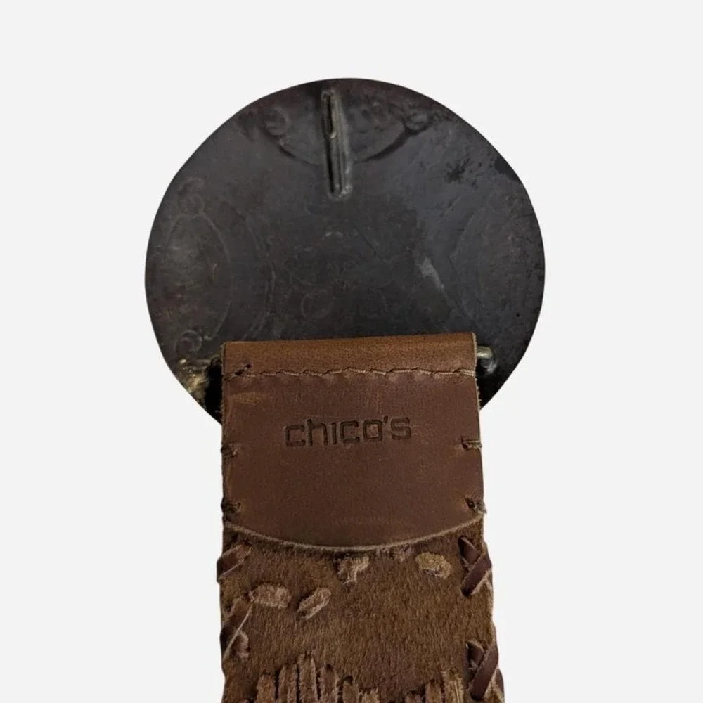 Chico's Brown Embossed Leather Belt Large Brass Concho Buckle OS - Picture 7 of 8